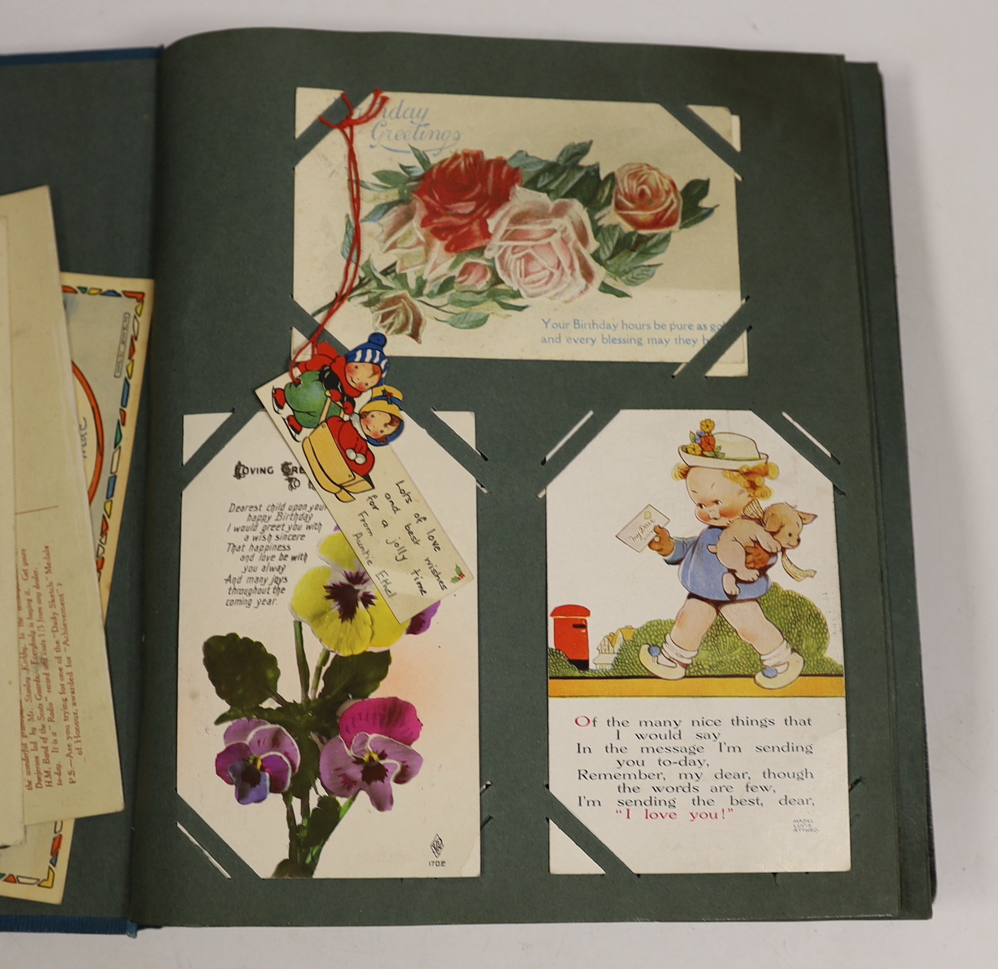 A postcard album containing Edwardian and later postcards relating to Bonzo, Attwell etc